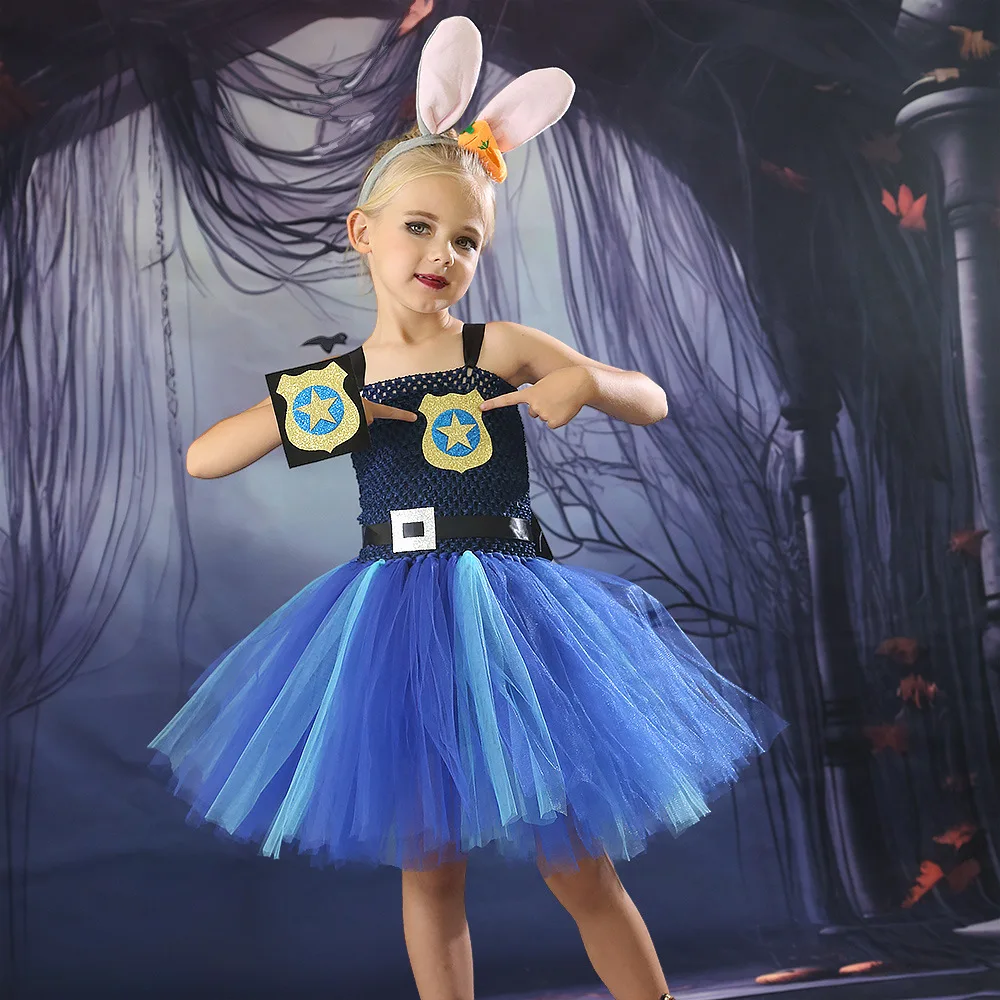 

Movie Zootopia Nick Tutu Dress for Girls Cosplay Rabbit Puffy Costume Girl Rabbit Sheriff Cosplay Clothes Mesh Knitted Dress