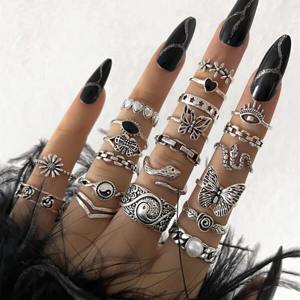 21pcs/set Punk Gothic Butterfly Snake Heart Rings Set For Women Men Vintage Silver Plated Geometric Finger Rings Party Jewelry