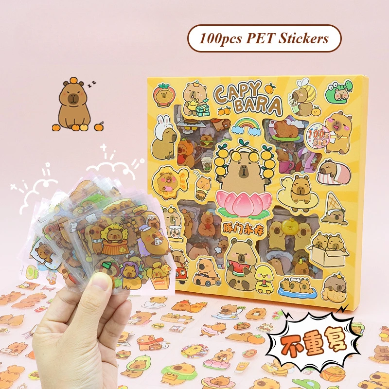 100pcs Cute Capybara Handbook Stickers Cute Decorative Painting Guka Stickers