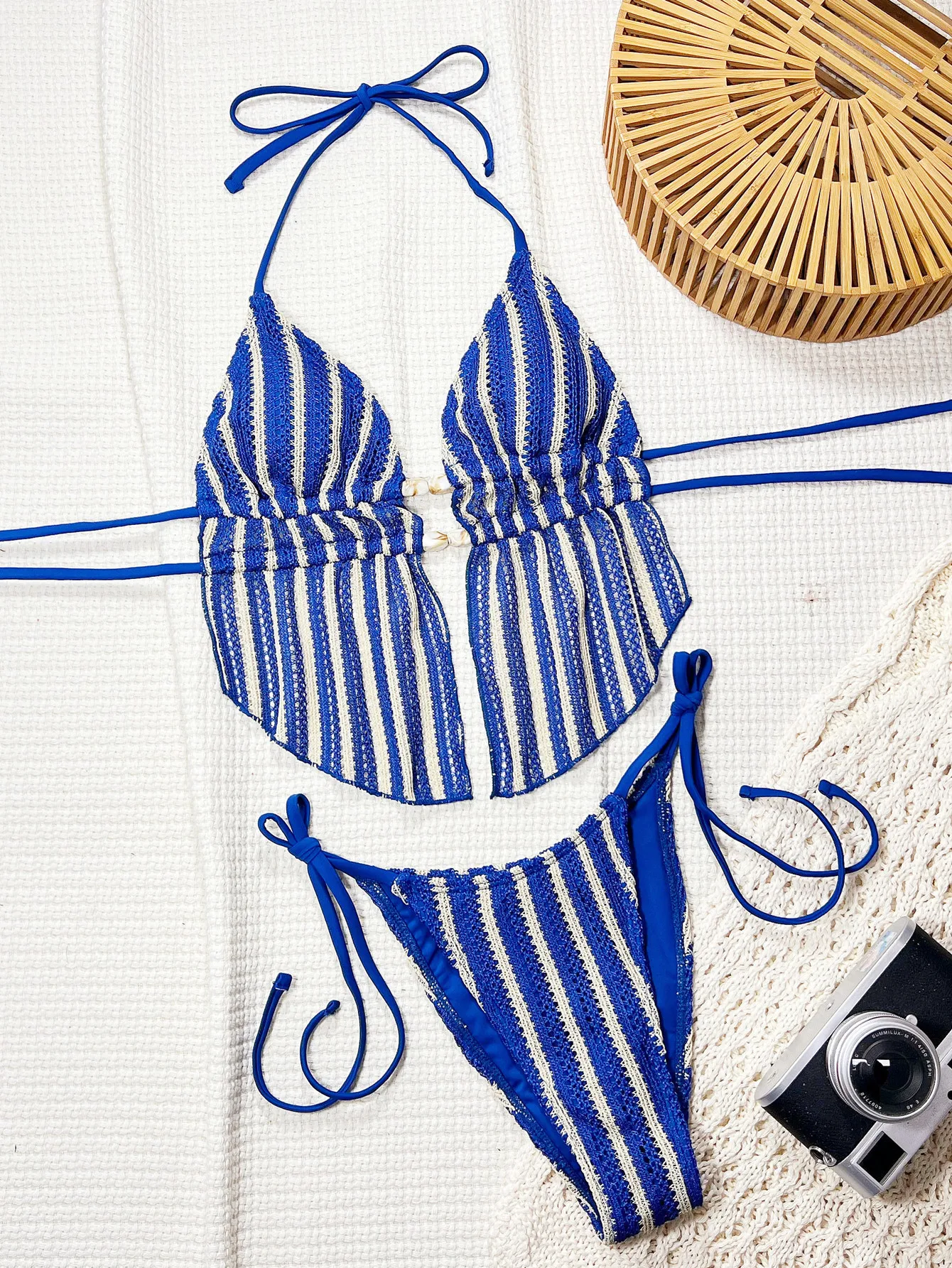 Striped Texture Tie Detail Two Piece Brazilian Style Women Beach Swimwear