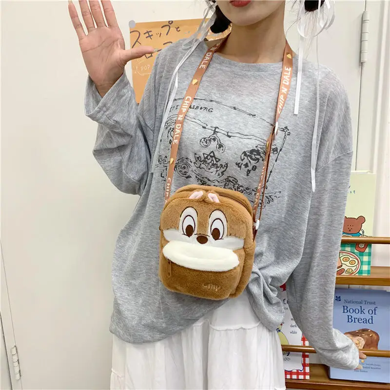 디즈니 칩 데일 플러시 더블 레이어 지퍼 휴대용 숄더 백 크로스 바디 백 메이크업 백 여행 가방 크리스마스 발렌타인 데이 선물