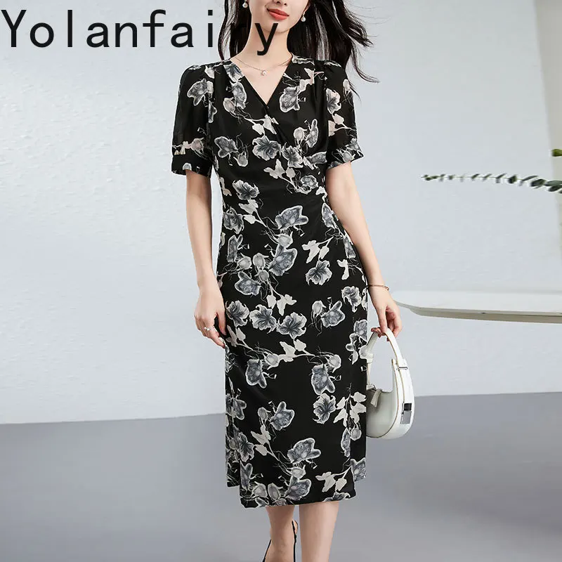 YOLANFAIRY 100% التوت الحرير فستان صيفي 2025 الكورية نمط Cinched الخصر فساتين الحفلات امرأة قصيرة الأكمام فستان أسود زهري