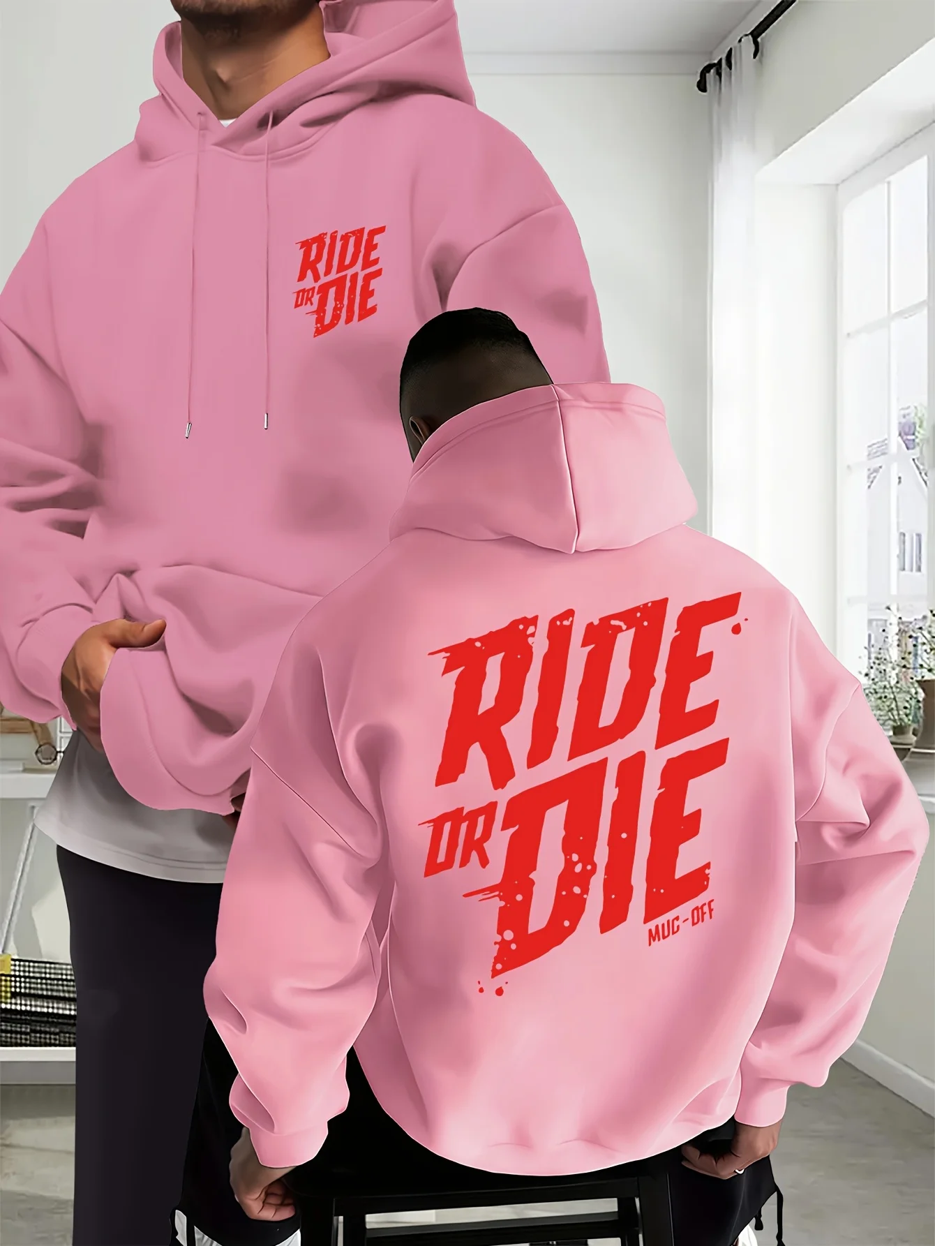 Biker Ride Or Die Hoodie Unisex Men Women Long Sleeve Distressed Red Text Front Back Print Punk Streetwear Pullover Sweatshirt