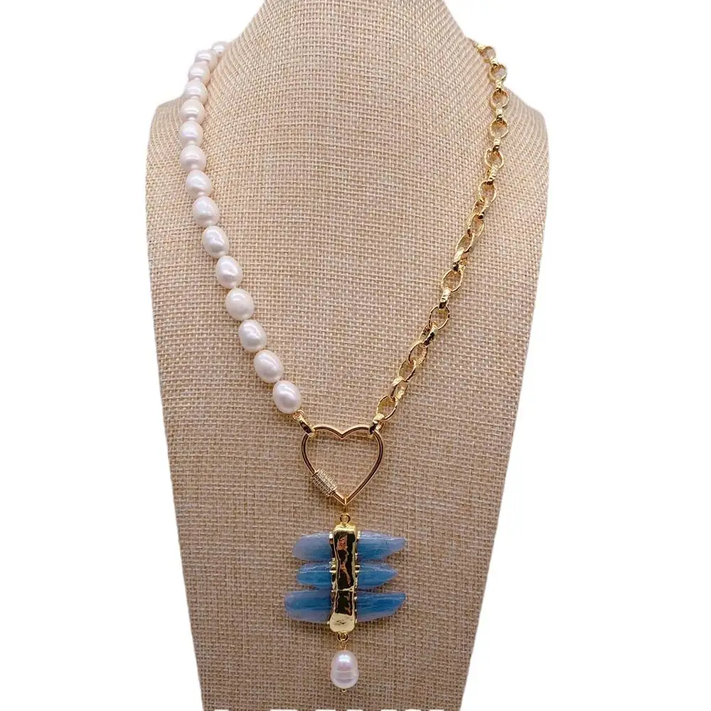 

yygem gold plated chain 40-46mm Natural Blue Kyanite Pendant 9x12mm Freshwater White Rice Pearl Gold Plated Chain Necklace