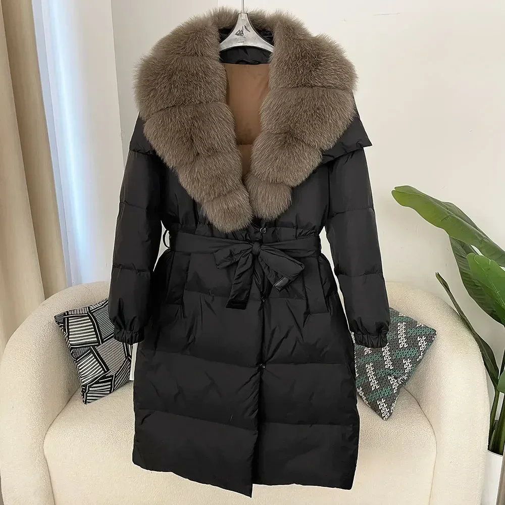 2024 Fur Jacket Winter Women Thick Warm Belt Casual Outerwear Natural Real Fox Raccoon Fur Collar White Duck Down Coat