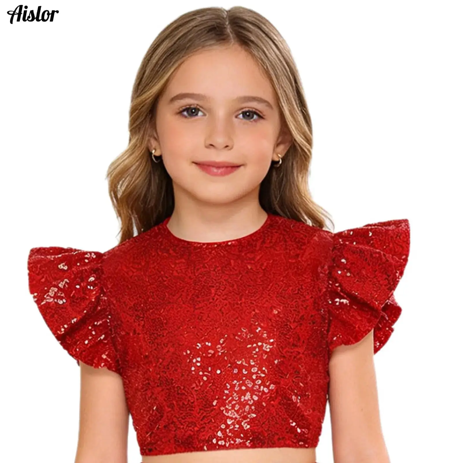 

Kids Girls Jazz Dance Crop Tops Glittery Sequin Crew Neck Ruffled Fly Sleeve Back Hidden Zipper Fully Lined Blouse Top Dancewear