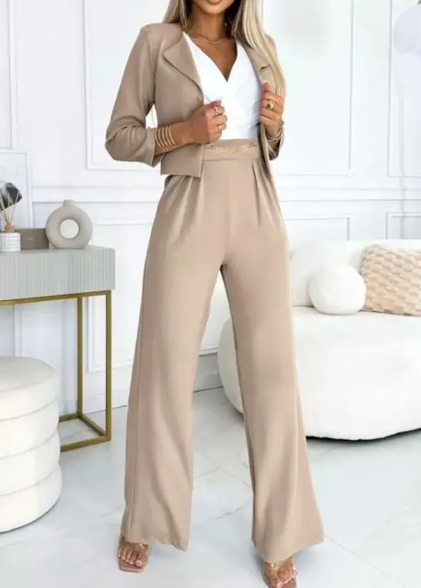 

2 Pieces Outfit Metal Chain Decor Overlap V-Neck Ruched Cap Sleeve Zipper Side Elastic Back Waist Jumpsuit & Coat Set