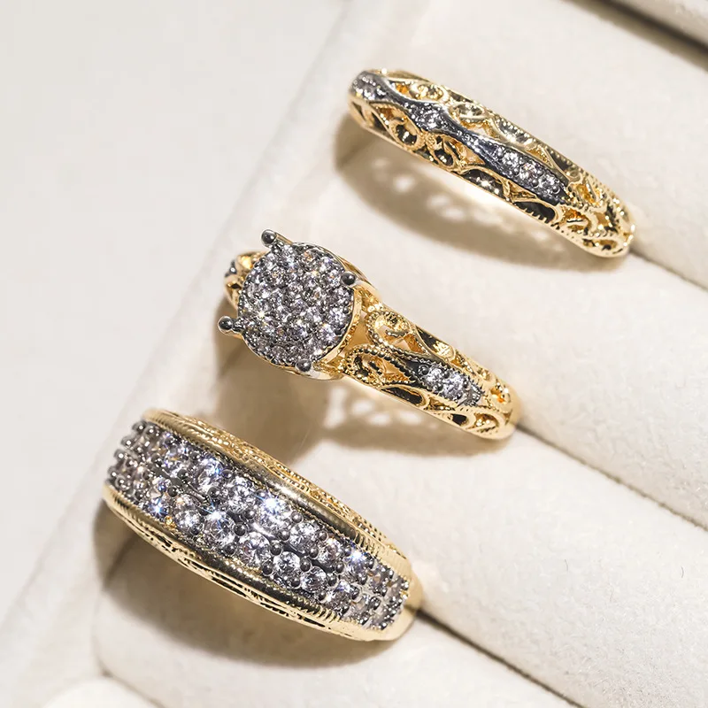 Conjunto de Anillos de Lujo de Tres Piezas Personalizado, Joyería Brillante con Incrustaciones de Circonio de Dos Tonos, Estilo Europeo y Americano