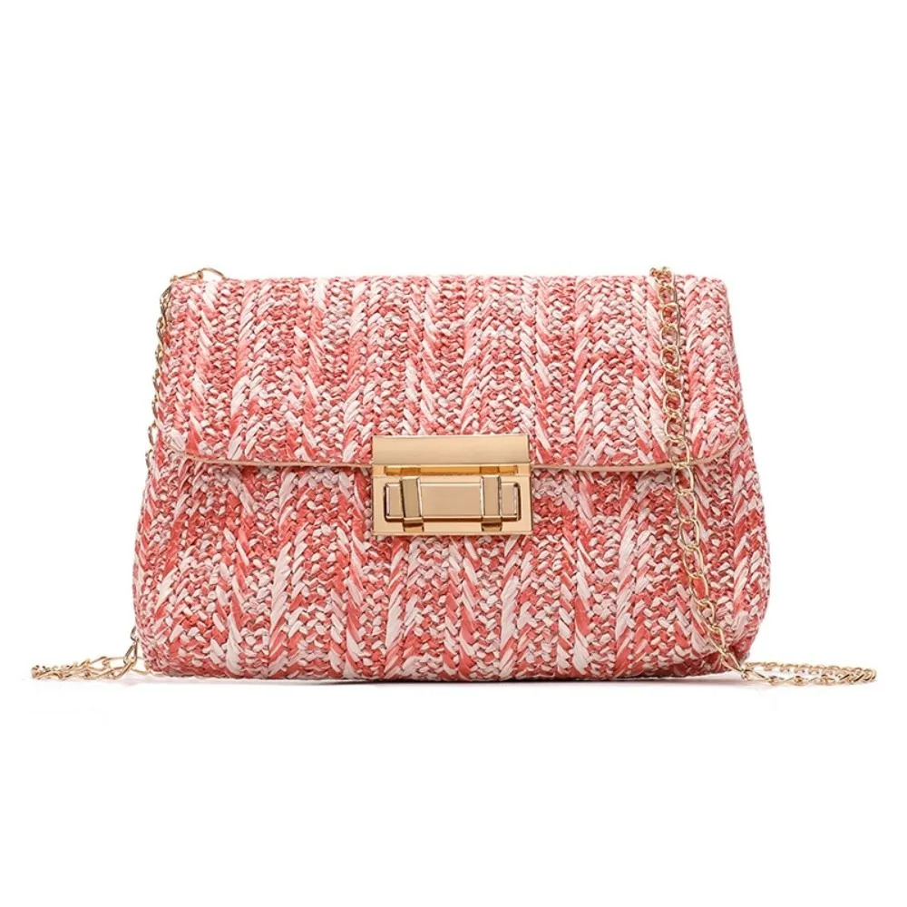 New Rattan Knitting Shoulder Bag Flap Design Chain Strap Ladies Chain Purse Beach Style Colorful Crossbody Bag for Travel