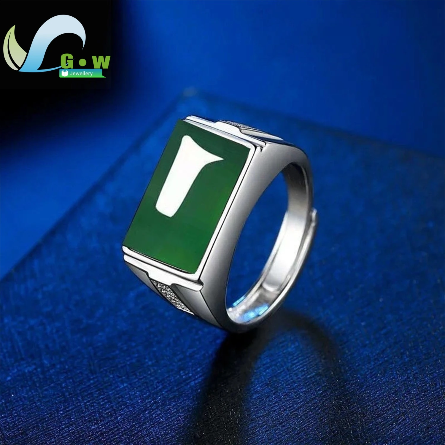 العقيق الأخضر الطبيعي الزمرد العقيق مستطيلة الرجال خاتم قابل للتعديل قابل للفتح زركون خمر مجوهرات هدية له #3