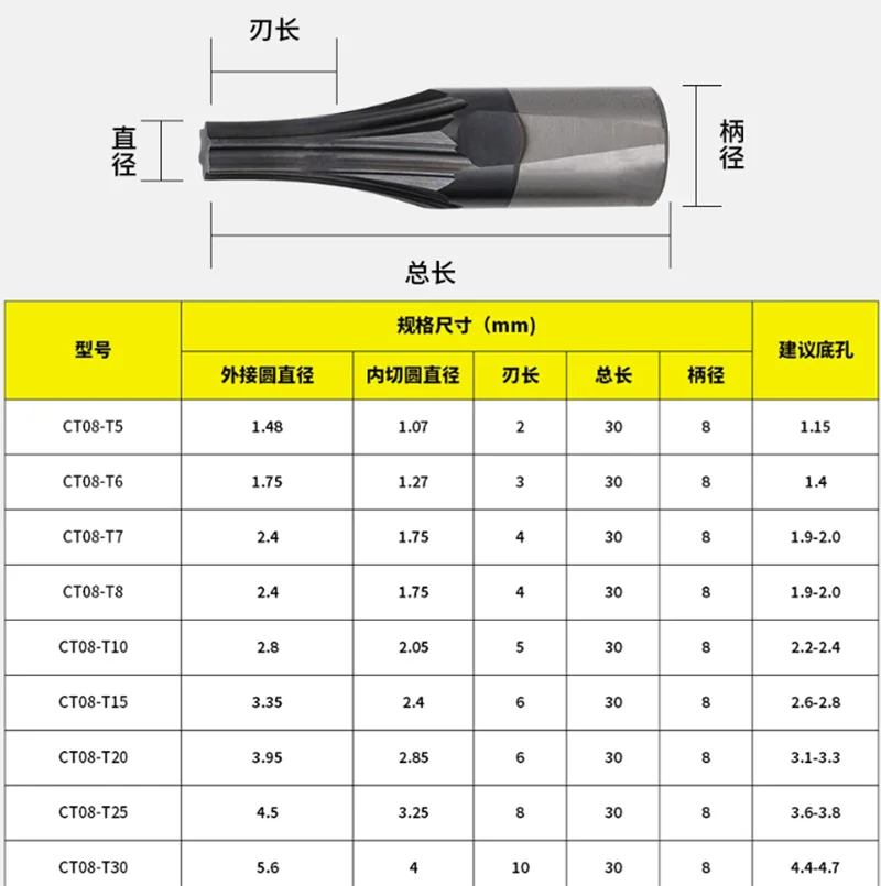 

CT08-T5/CT08-T6/CT08-T8 Torx Star Spline Rotary Broach Punch Set, High Hardness Screw Punching Bit T5 To T55T