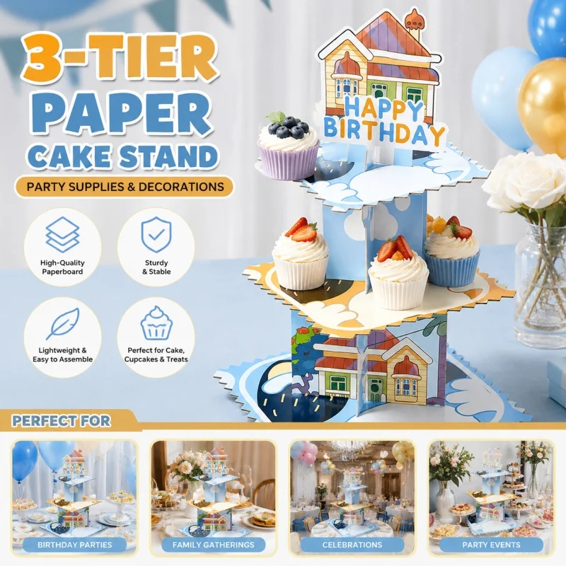 Bandeja para Pastel con Diseño de Perro Azul, Patrón de Dibujos Animados, Portátil para Picnic, Set de Decoración para Fiesta de Cumpleaños, Estilo de Celebración al Aire Libre