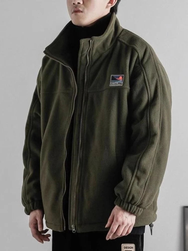 

Olive Green Polar Fleece Men's Autumn Winter Japanese Style Stand Collar Thickened Work Wear Cotton Jacket