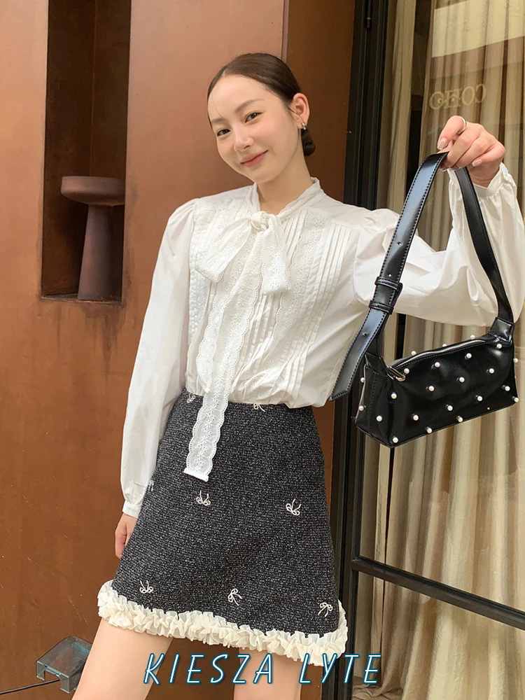 Fashion High Quality 2024 Fall A-Line Skirt for Women's High Waist Splicing design Return Black MIni Skirt Lady korean style