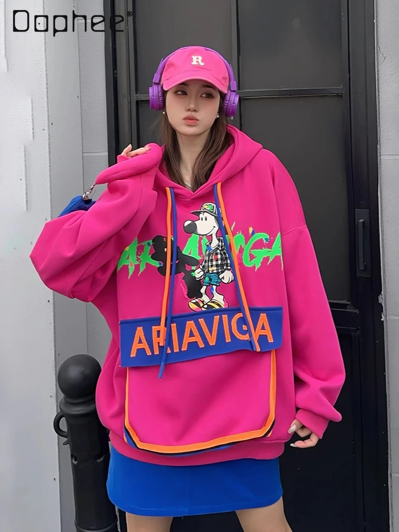 Oversize Heavy Industry Cartoon Tooling Large Pocket Fleece Hooded Sweatshirts Women's Loose Casual Sports Hoodie Winter 2024