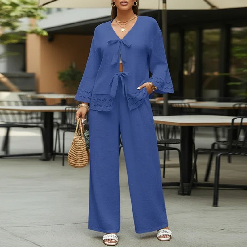 ชุดลำลองผู้หญิงแบบ 2 ชิ้น ชุดเซ็ทกางเกงขายาวแต่งลูกไม้ แขนบานผูกโบว์ เสื้อคลุมคาร์ดิแกน และกางเกงขายาวทรงกว้าง ชุดสูท 2 ชิ้น ไซส์ 2XL