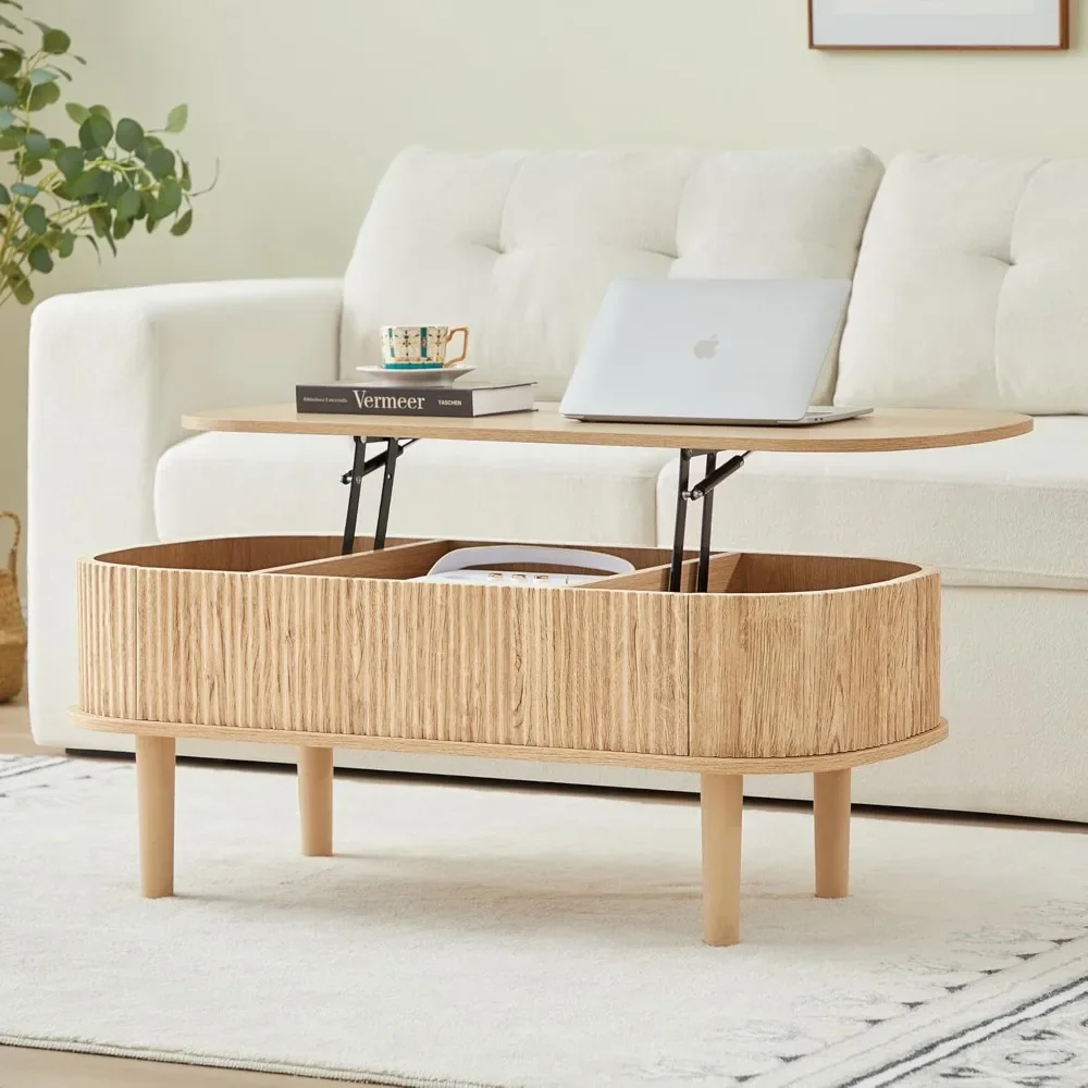 

Fluted Lift Top Coffee Table with Hidden Compartment, Fully Assembled Wooden Center Table, Modern Oval Lift Tabletop