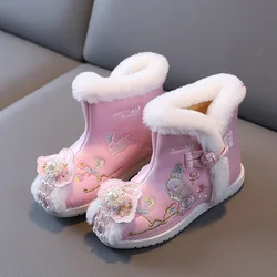 Winter Warm Plush Embroidery Girl Shoes Hanfu Children Shoes Cute Rabbit Chinese Style Kids Girls Boots for Baby Toddler CSH1593