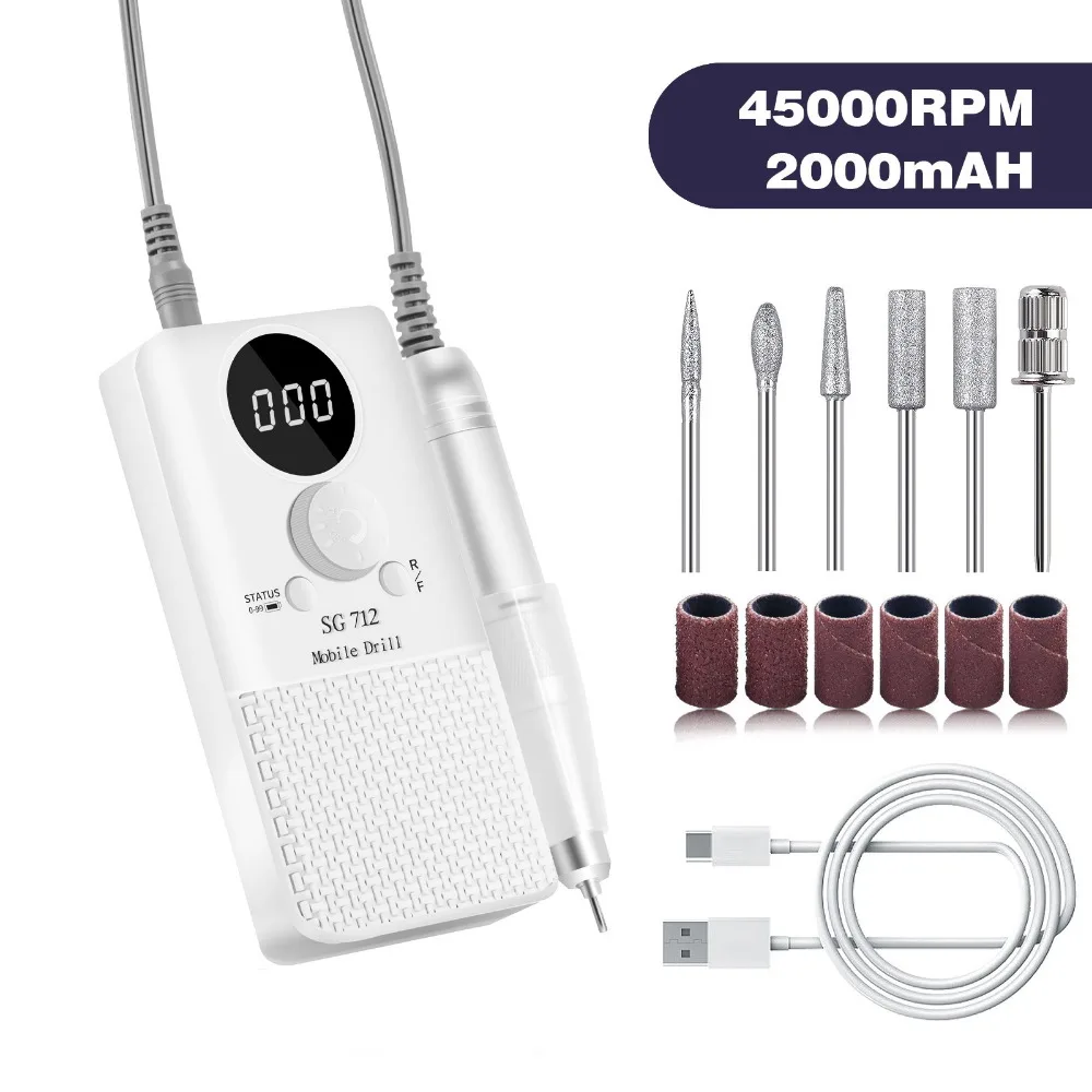 Portable Nail Drill Professional Rechargeable Electric Nail File Machine for Acrylic Nails Gel Polishing Removing Nail Art Tools