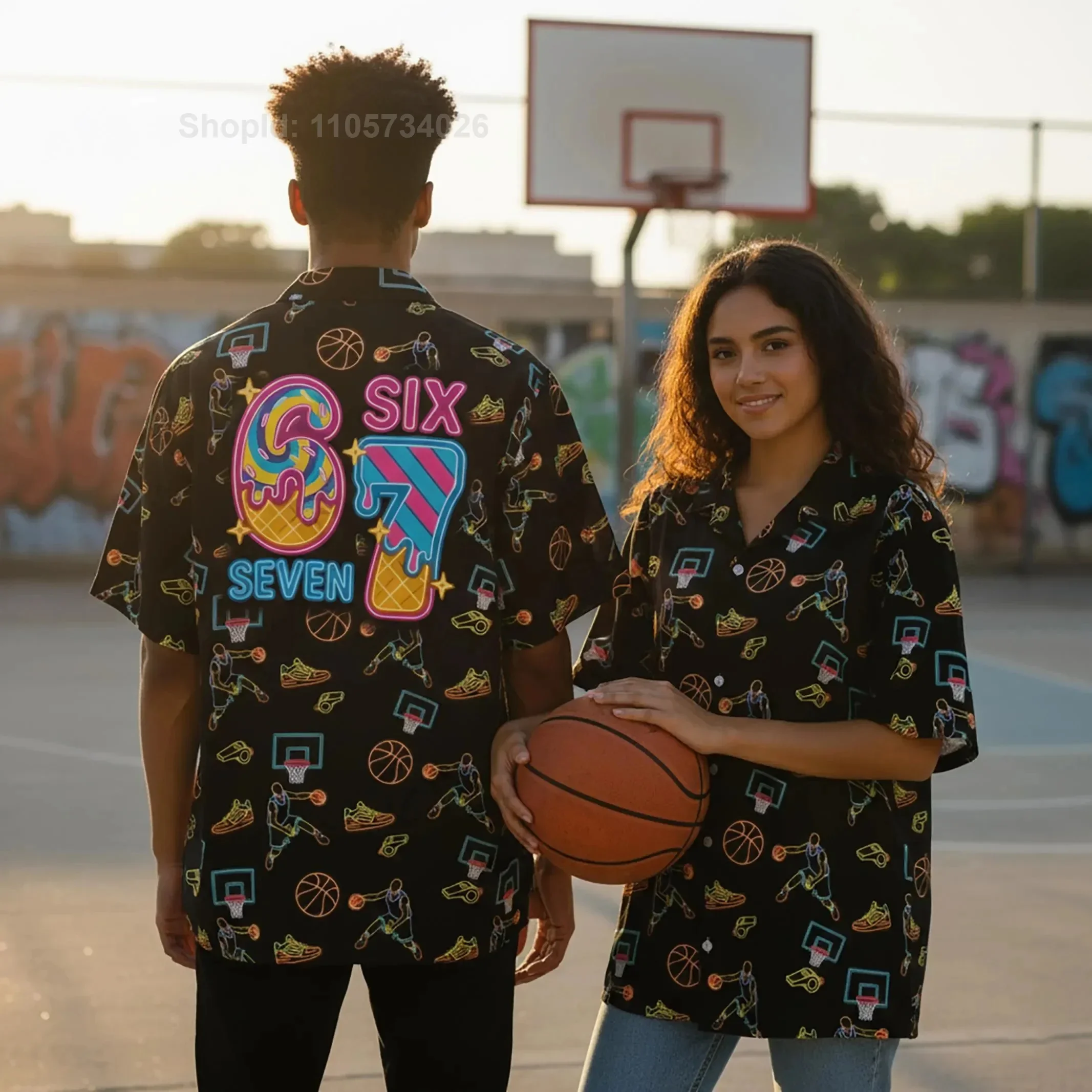 

Neon Basketball Hawaiian Shirts 6 7Jersey, Six Seven Melting Waffle Cone Shirt 6-7 Meme Sports Fan Button Down, 67 OuTee