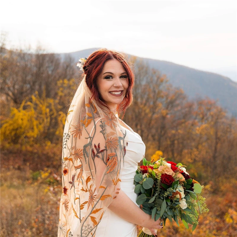 Bordado Floral Véus De Casamento Com Pente, Folhas Caindo De Noiva, Acessórios De Cascão, Laces Curtos De Tule, Flores Para Noiva, Outono