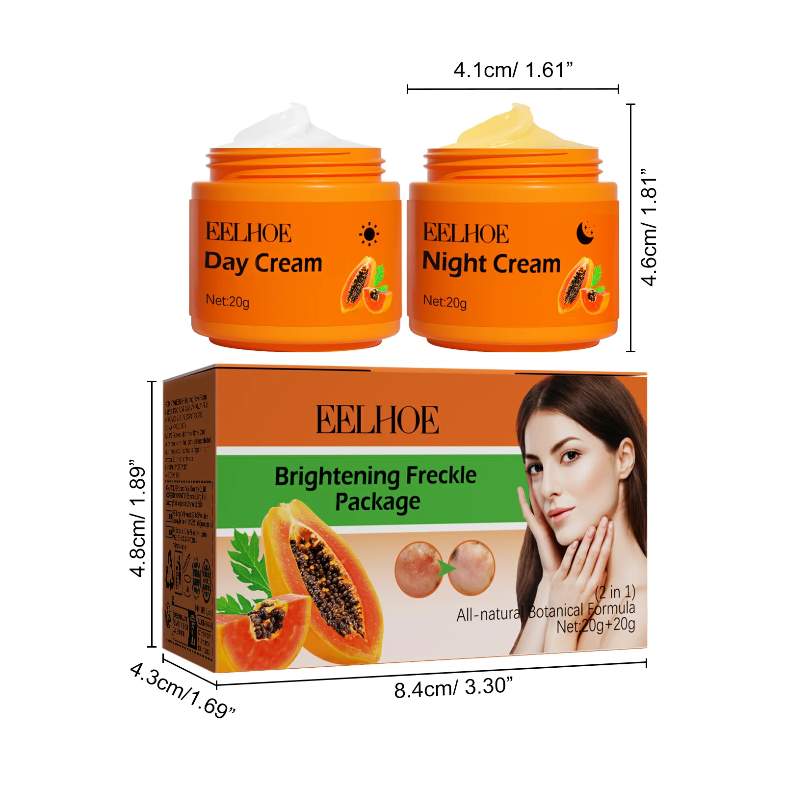 Papaya Brightening Freckle Gesichtscreme-Set, Tag-Nacht-Sonnenflecken-Korrektor, verblassendes Pigment, erhellt den Hautton, Tag- und Nacht-Feuchtigkeitscreme