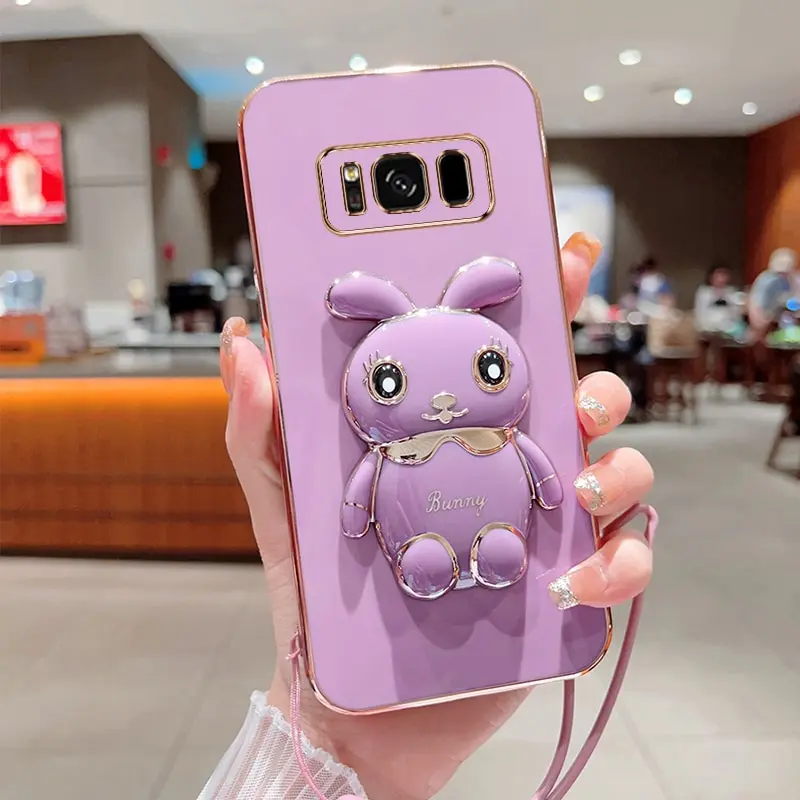 Phone Case For Samsung Galaxy S8 Plus Luxury Plating Square Rabbit Holder With Landyard Phone Case Cover