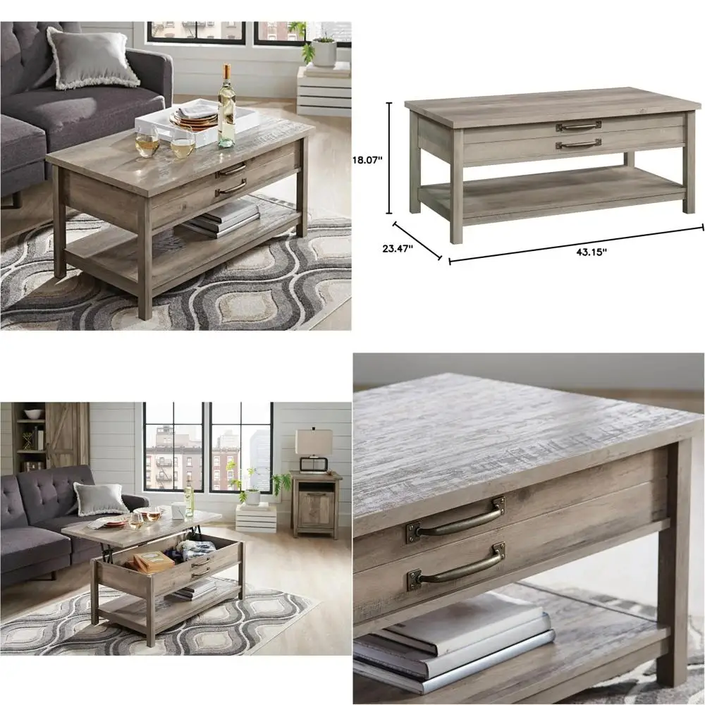 طاولة قهوة مستطيلة على طراز المزرعة الحديثة باللون الرمادي الريفي مع ميزة رفع علوية #1
