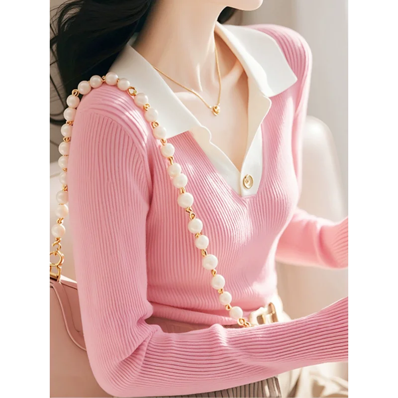 Abbigliamento donna colletto Peter Pan autunno inverno Pullover tinta unita maglione manica lunga lavorato a maglia elegante Casual Trendy top