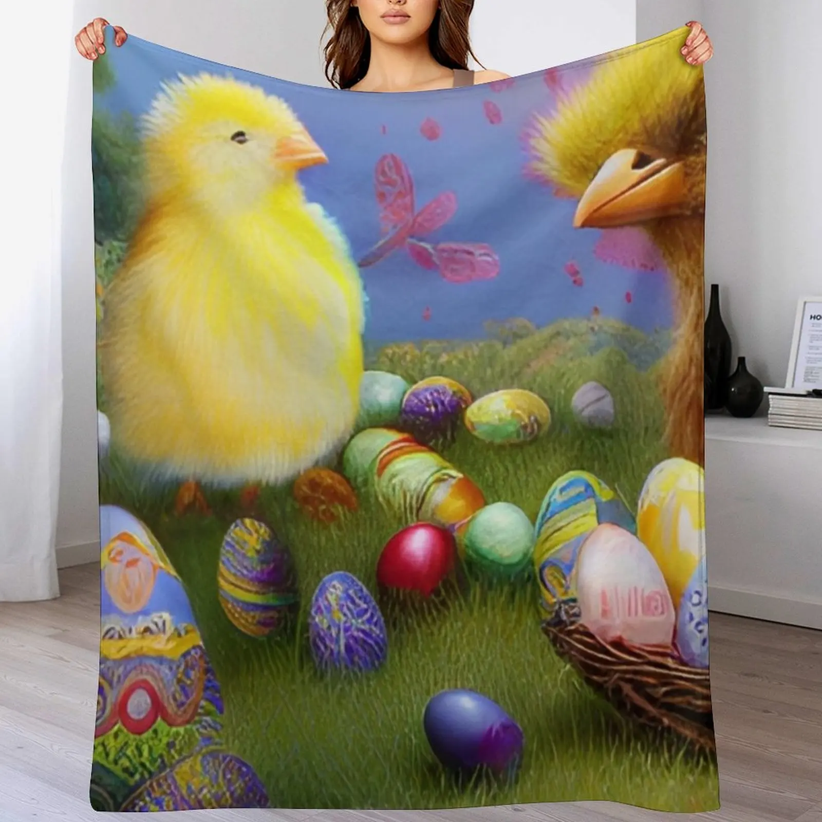 

Colorful Festive Easter Eggs Easter Bunny Spring Flowers Chick Version 10 Throw Blanket Hairys blankets ands Blankets