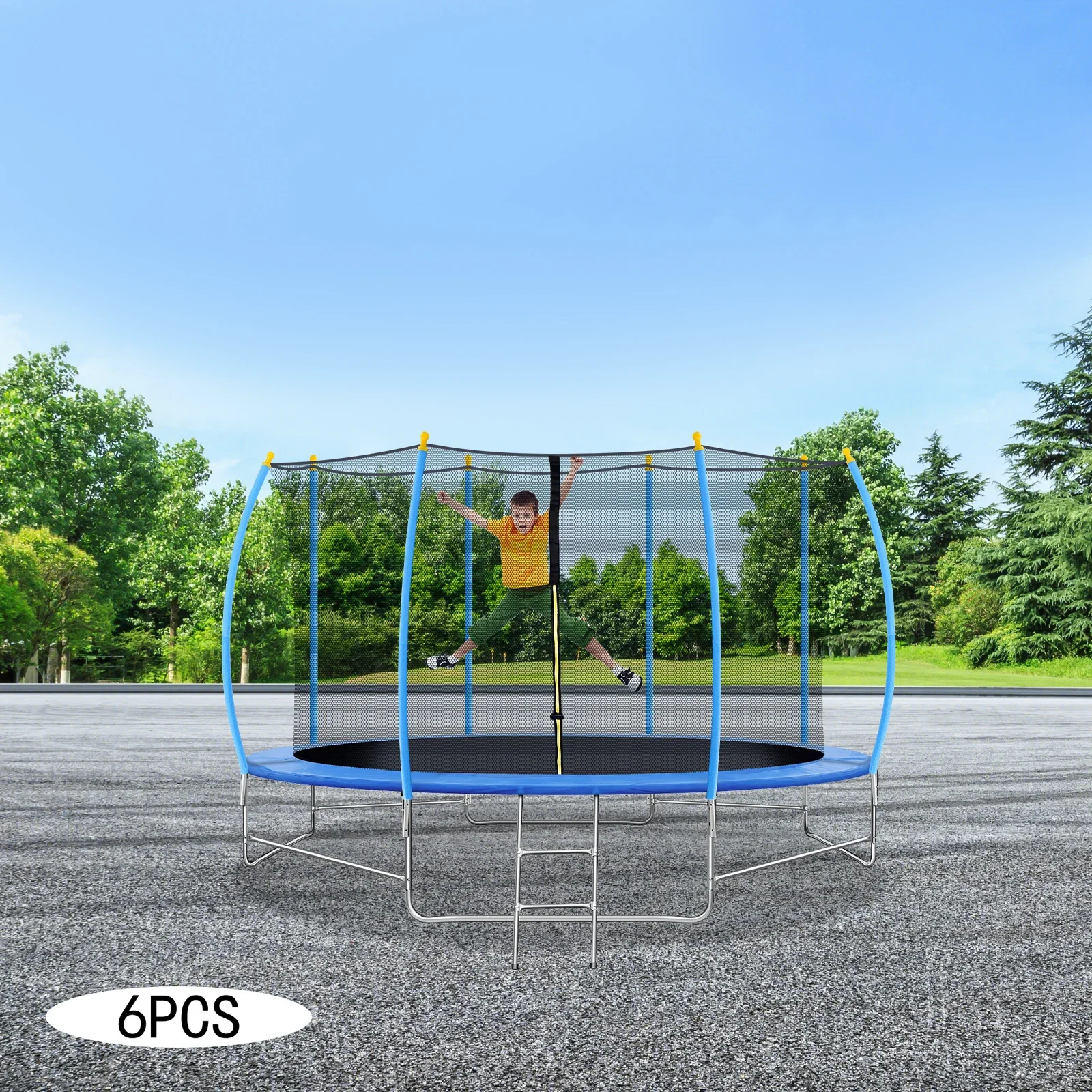 파란색 트램펄린 6개의 두꺼운 아연 도금 강철 파이프 점핑 베드 폼 커버링 가정용 놀이터 및 체육관에서 사용되는 높은 보안