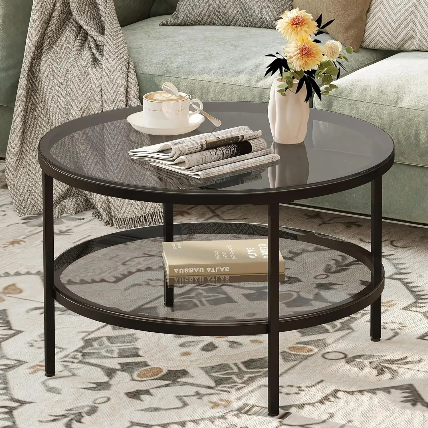 

Round Glass Coffee Table with Storage, 2-Tier Modern Accent Table for Living Room, Light Black Finish