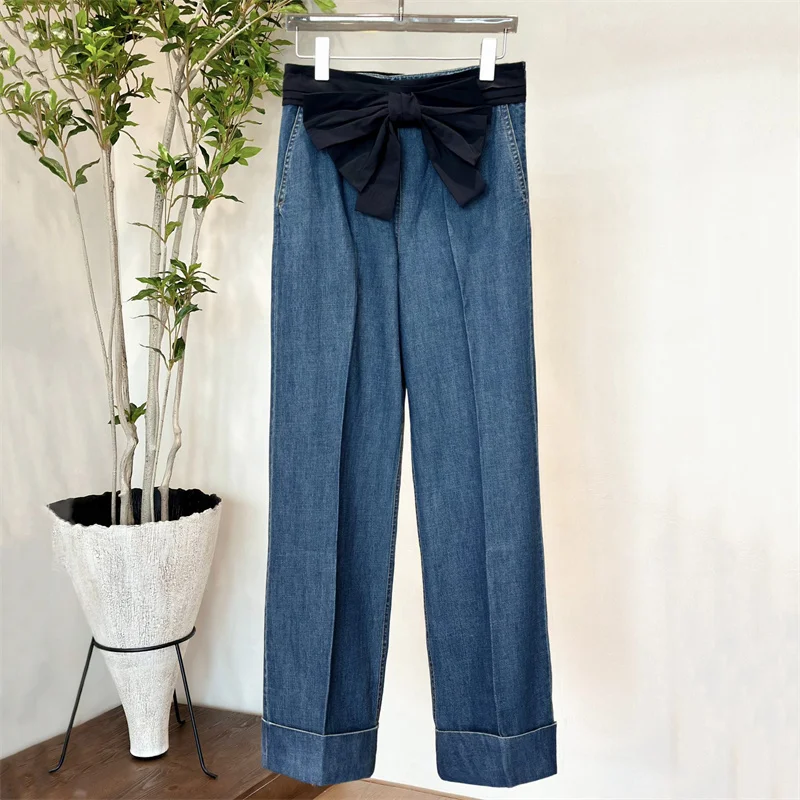 

Women's jeans New high waisted slim fit straight leg pants for spring 2026 bow decoration women's pants Pure cotton denim pants