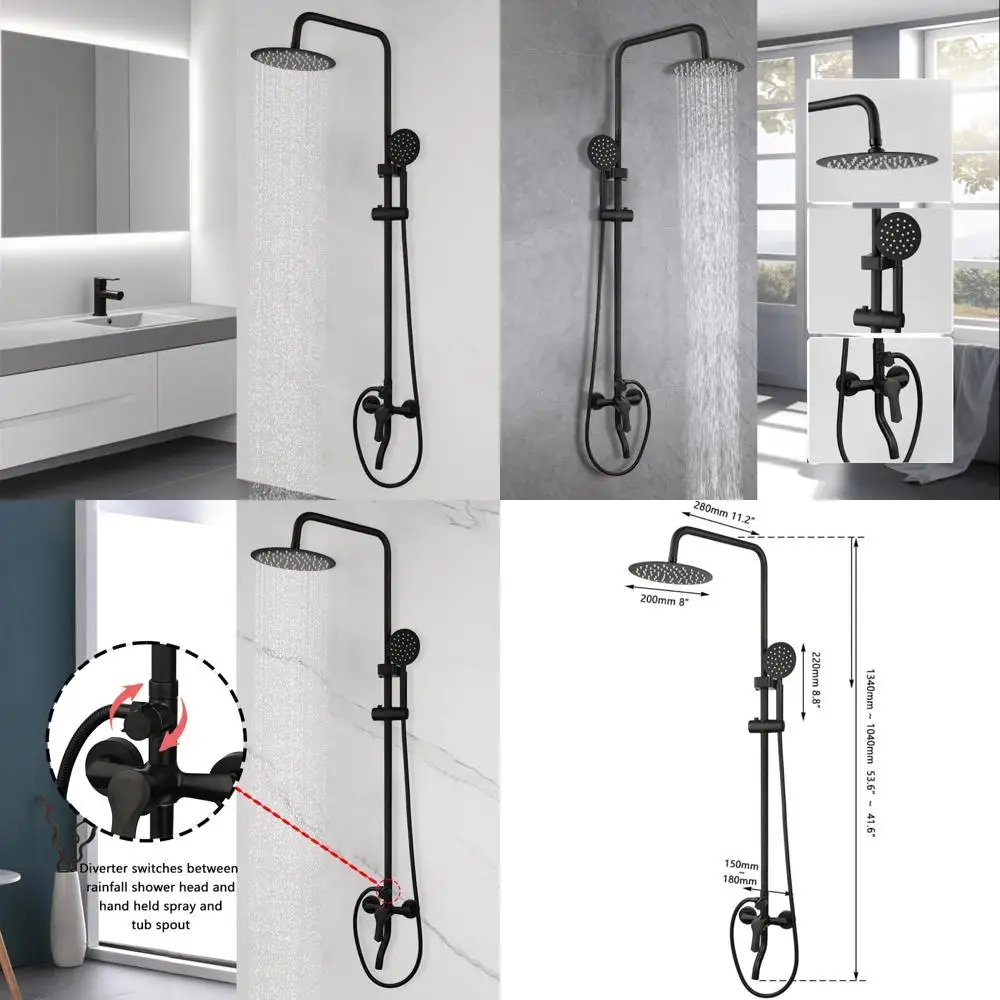 

8 Inch Matte Black Outdoor Shower Fixture with 3-Function Stainless Steel Wall Mount Rainfall Shower Head