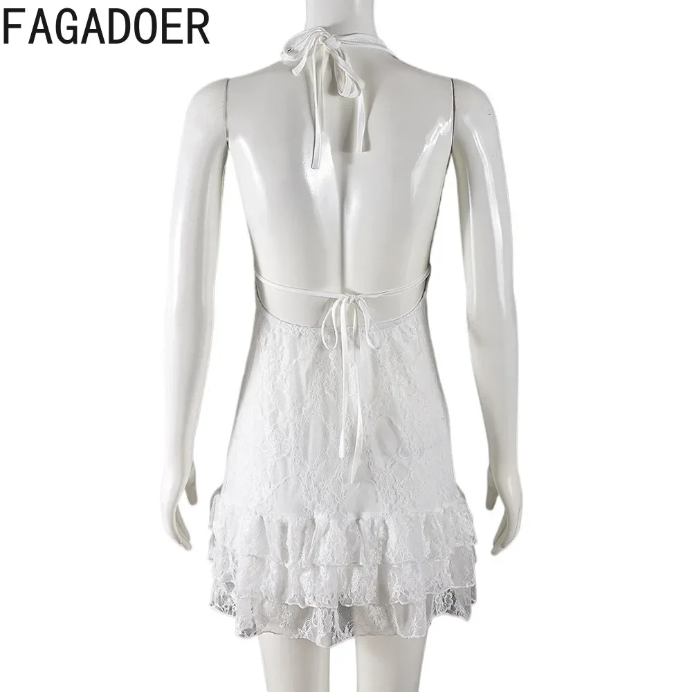 FAGADOER White Sexy Lace Hollow Out Ruffle Halter Mini Dresses 2024 Women Sleeveless Backless Bodycon Vestidos Fashion Clothing