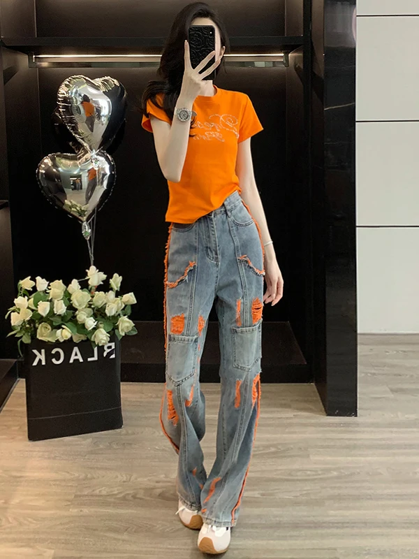 

Fashionable Street Style Women's Summer Slim Fit Short Sleeve T-Shirt And Jeans Two Piece Set Shoulder Width Regular Fit