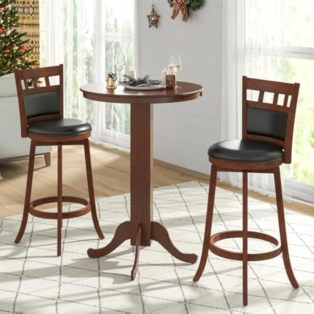3-teiliges Bartisch- und Stuhl-Set, runder Tisch in Thekenhöhe, 2 gepolsterte drehbare Barhocker, Gestell aus Gummiholz, Bauernhaus