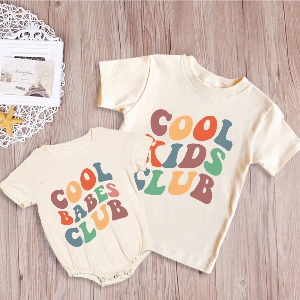 Cool Kids Club Cool Babes Club Print Child Shirt Kids Short Sleeve T-shirt Tops Baby Large Bubble Ropmer Sinling Matching Outfit