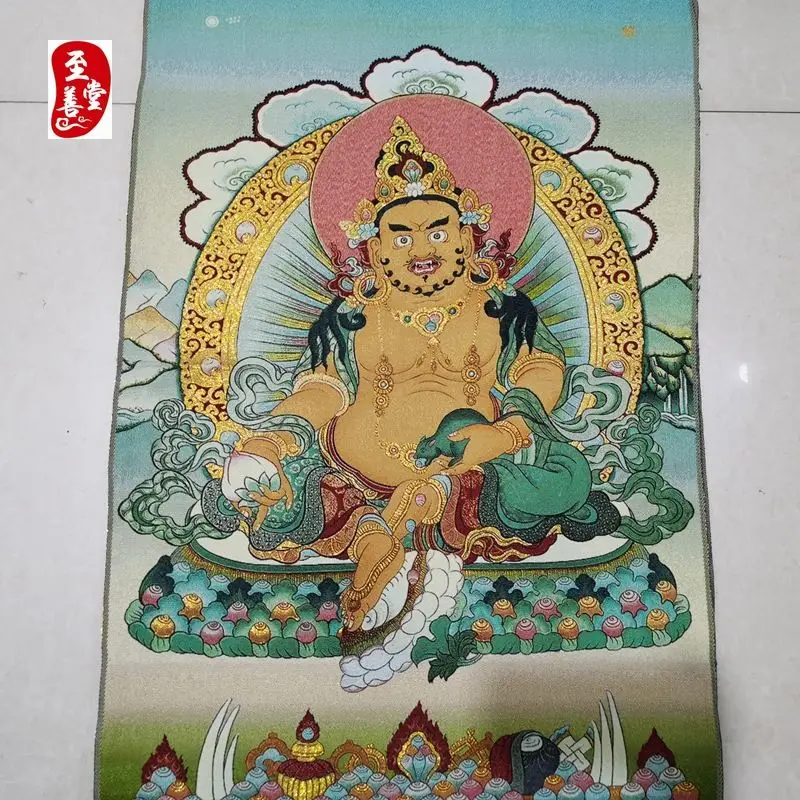 Tibet Tibetan Cloth Silk Green background god of wealth buddha Thangka Tangka Embroidery Painting