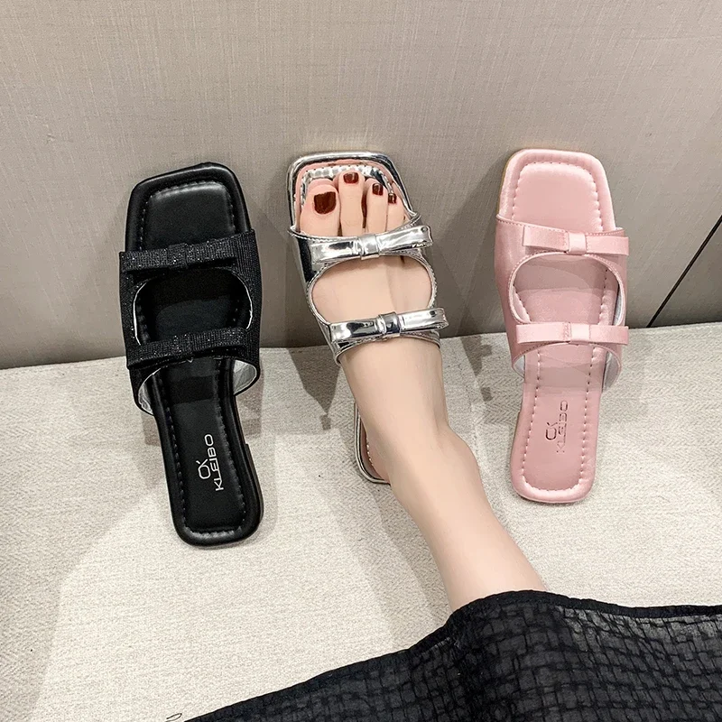 2024 Summer Candy Leather Beach Shoes Women Bow Flat Slippers Women\'s Shoes Simple Slides Open Toe Flat Slippers for Women