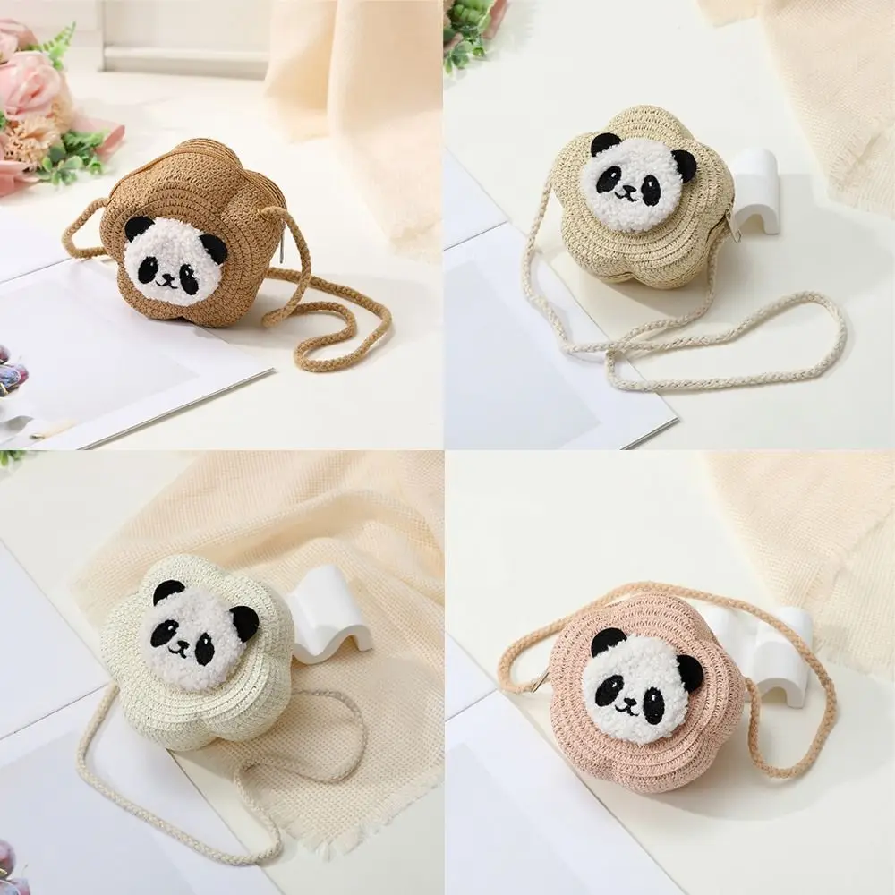 Saco tecido palha com design bonito panda, bolsa de ombro para viagens, criativa, cor sólida, bolsa de praia