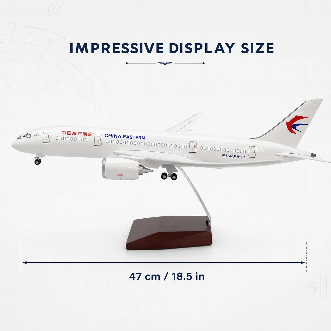 1:130 Scale Jet Aircraft Model B787 China Eastern Jet 47cm Die-Cast Resin Model with Base and Landing Gear for Collecting
