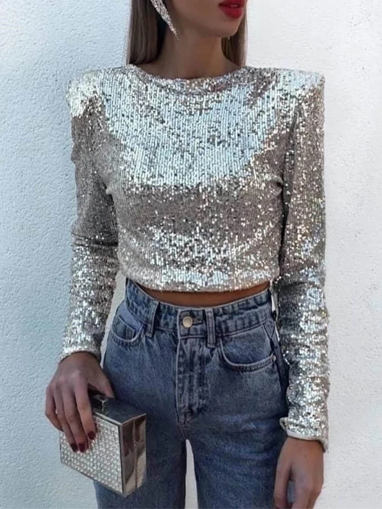 Women Sequined Long Sleeve Crop Top SilverSolid O-neck Slim Fit Glitter Shiny Tshirts Fashion Party Club Wears
