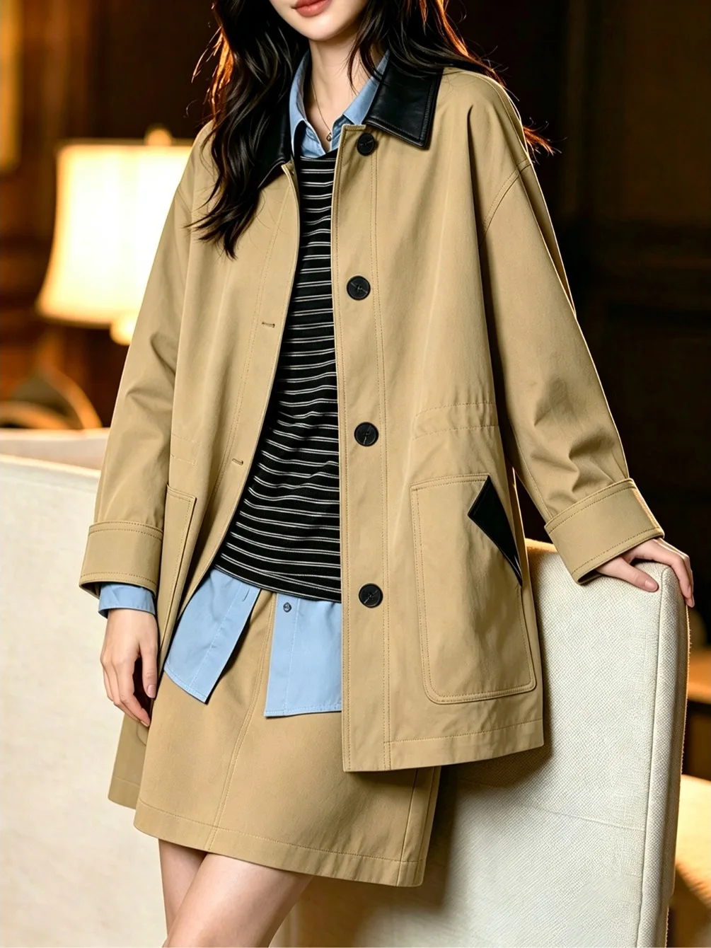 Unique Color Block Loose Women's Coat Autumn Fashion Outerwear Tailored Shape Long Sleeve  Collar Button Closure Regular ...