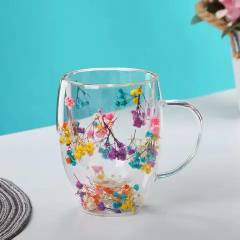 350ml 이중 벽 커피 머그잔 핸들 투명 우유 컵 선물 유리 컵 채우기 인공 시뮬레이션 꽃 찻잔