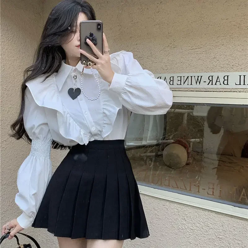 White Shirts Women Ruffles Sweet All-match Solid Elegant Puff Sleeve Turn-down Collar Streetwear Camisa Mujer Preppy Chic Ins