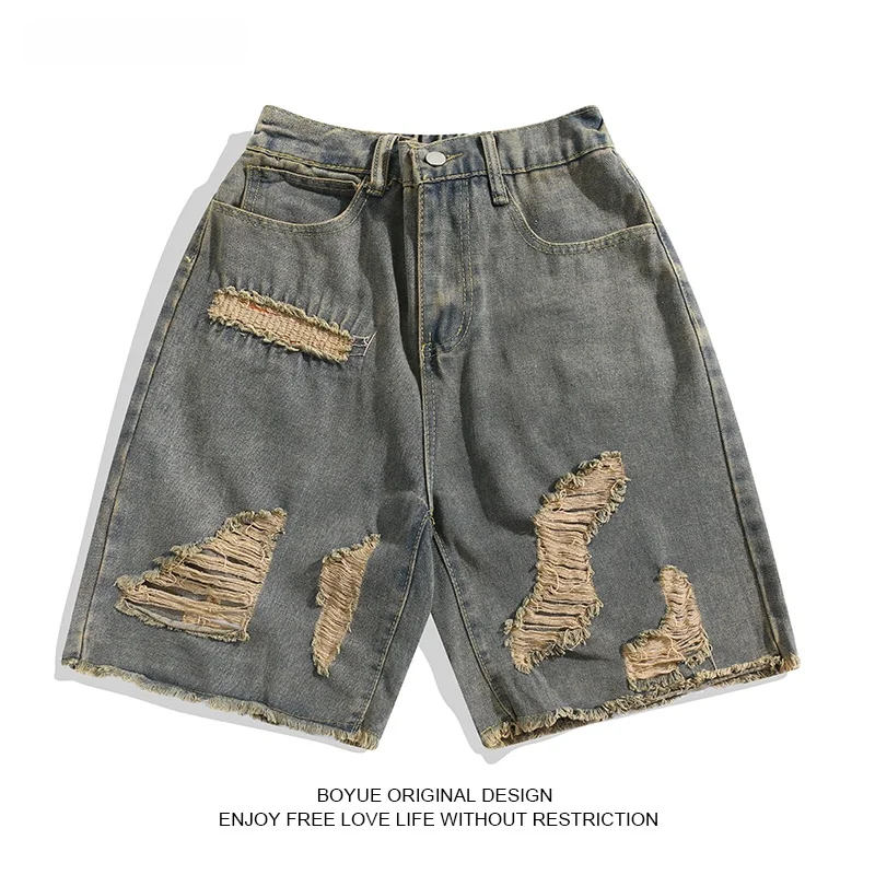 

Boyue Summer Hip Hop Ripped Denim orts Men's Vintage Waed Five-Point Pants Casual Loose Straight Leg Jeans Youth Trend