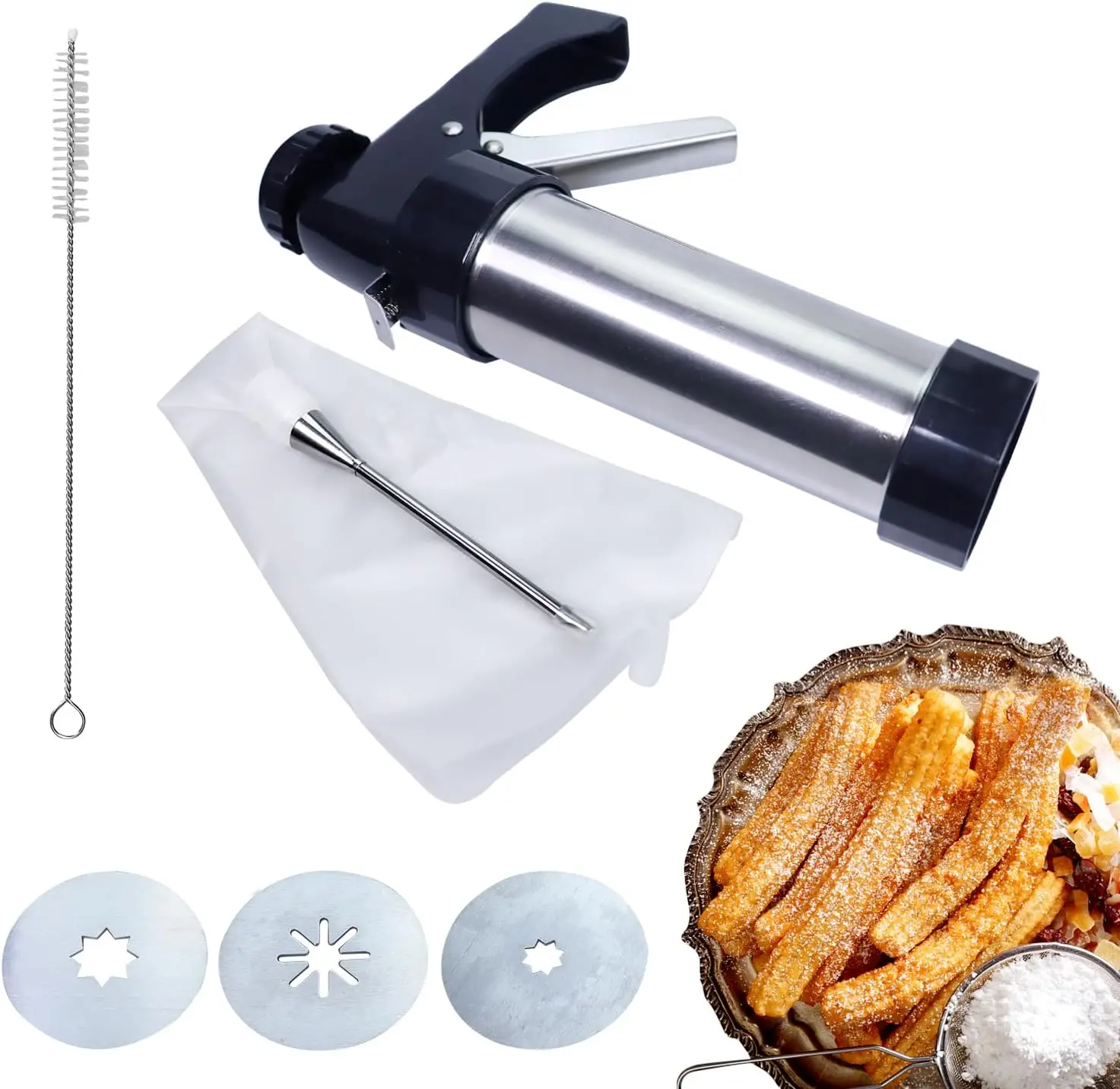 

Stainless Steel Churro Maker Kit with 3 Nozzle Discs, Piping Bag & Long Tip for Homemade Stuffed Churros