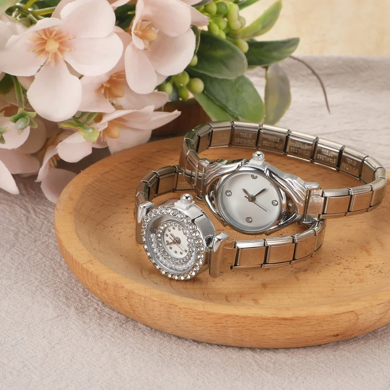 

New Spinning Pearl Luxury Full ZIrcon Dial Women Watches Men DIY 9MM Width Italian Elastic Charm Stainless Bracelet Jewelry Gift
