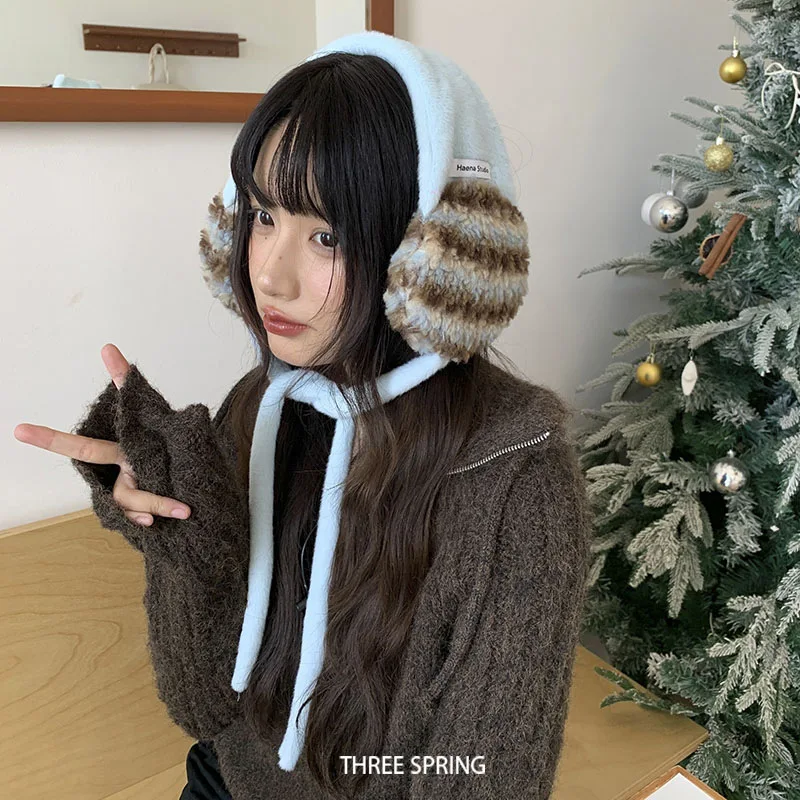 Korean Ins Version Contrasting Stripe Plush Lace-up Earflaps Women's Winter Thickened Warm Cycling Cold-proof Fashion Headband